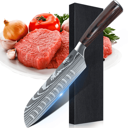 Professional Chef Knife Set featuring stainless steel laser Damascus blades and ergonomic handles, ideal for precision cutting and comfortable grip in the kitchen. 3