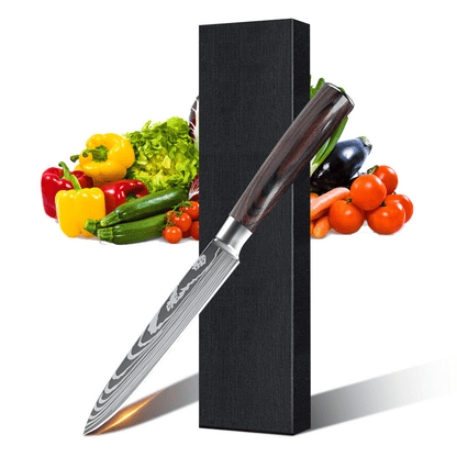 Professional Chef Knife Set featuring stainless steel laser Damascus blades and ergonomic handles, ideal for precision cutting and comfortable grip in the kitchen. 8