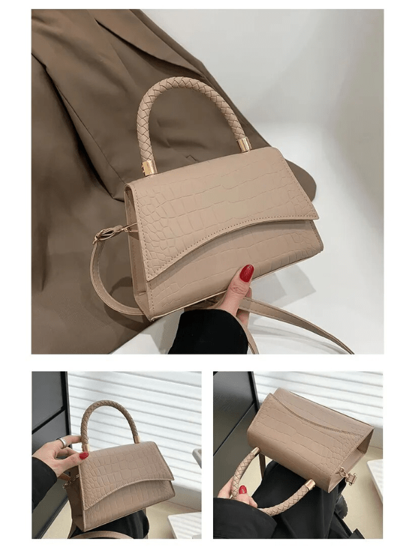 PU leather handbag featuring a stylish top handle and a detachable crossbody strap, perfect for everyday use with a classic design in a versatile color. 4