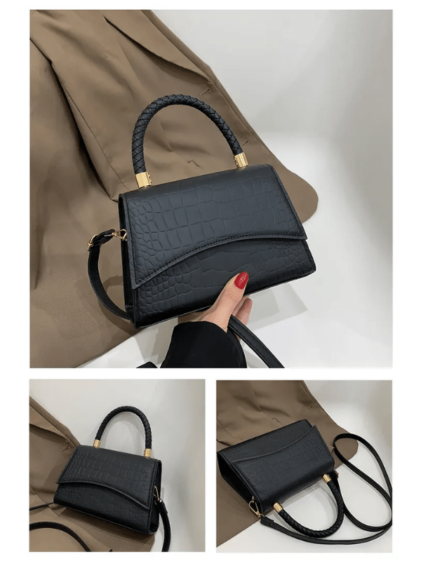 PU leather handbag featuring a stylish top handle and a detachable crossbody strap, perfect for everyday use with a classic design in a versatile color. 5