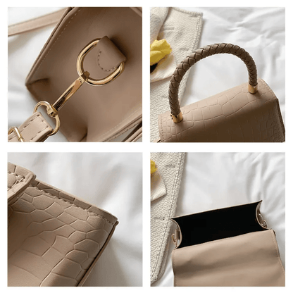 PU leather handbag featuring a stylish top handle and a detachable crossbody strap, perfect for everyday use with a classic design in a versatile color. 7