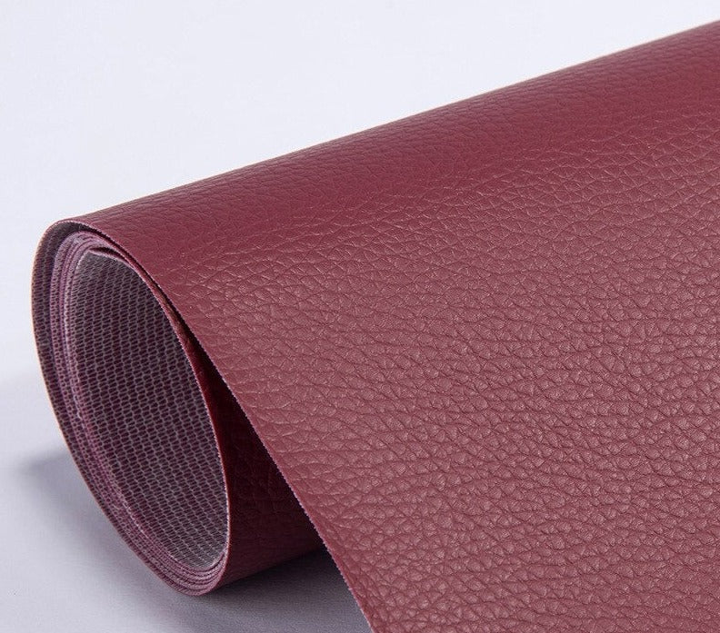 PU leather repair patch in black, showcasing its waterproof and self-adhesive features, ideal for seamless restoration of furniture and upholstery. 2
