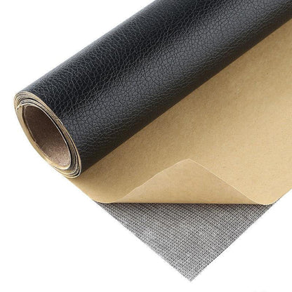PU leather repair patch in black, showcasing its waterproof and self-adhesive features, ideal for seamless restoration of furniture and upholstery. 1
