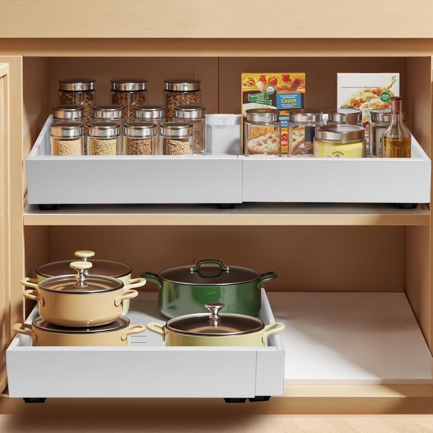 Pull-Out Cabinet Drawers with Adjustable Width, featuring Smooth Sliding Mechanism – 2-Pack Carbon Steel Kitchen Drawer Slides for Easy Storage Solutions. 5