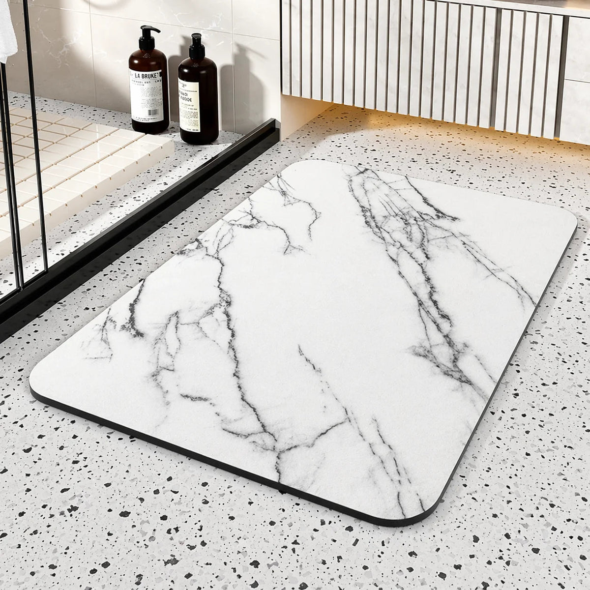 Quick Dry Bathroom Mat featuring a stylish Diatom Stone Marble Design and a Non-Slip Rubber Base for enhanced safety and comfort. 4