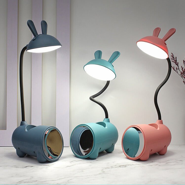 Rabbit LED desk lamp with touch control, featuring a cute design, built-in pen organizer, and USB charging port, perfect for kids' study spaces. 6