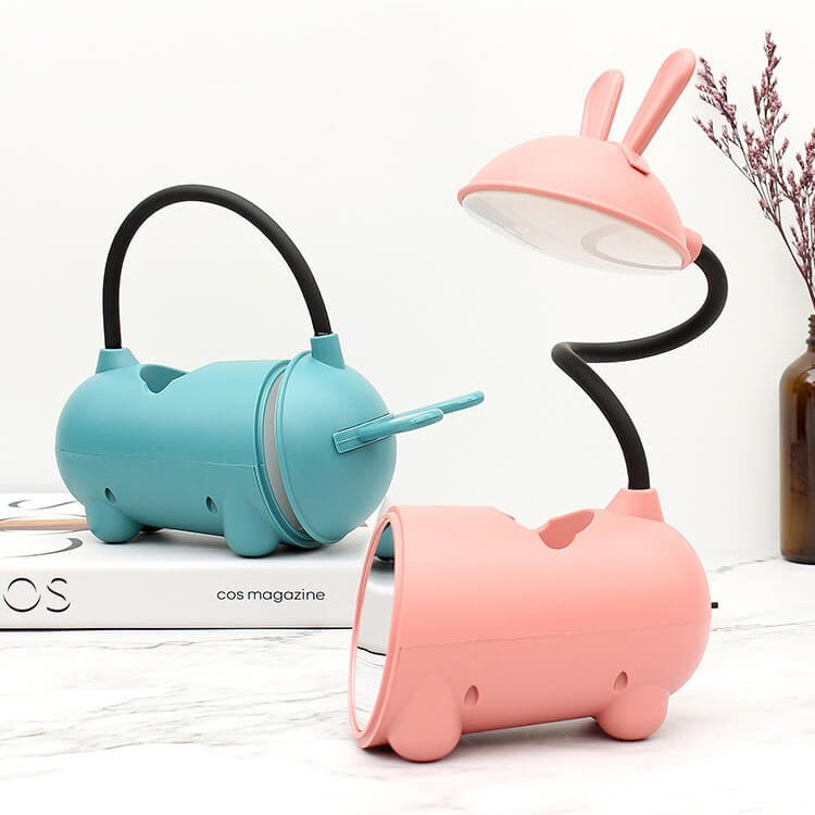 Rabbit LED desk lamp with touch control, featuring a cute design, built-in pen organizer, and USB charging port, perfect for kids' study spaces. 5