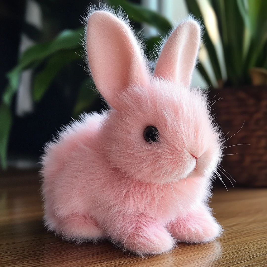 Realistic plush bunny toy with lifelike movements, soft pink color, ideal stuffed animal for all ages. 0