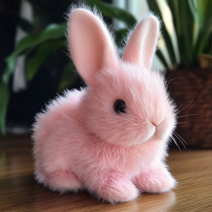Realistic plush bunny toy with lifelike movements, soft pink color, ideal stuffed animal for all ages. 0