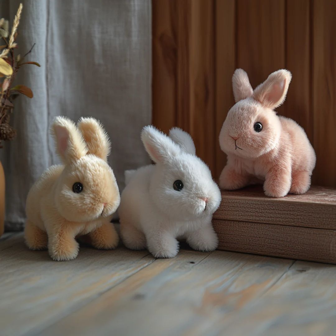 Realistic plush bunny toy with lifelike movements, soft pink color, ideal stuffed animal for all ages. 2