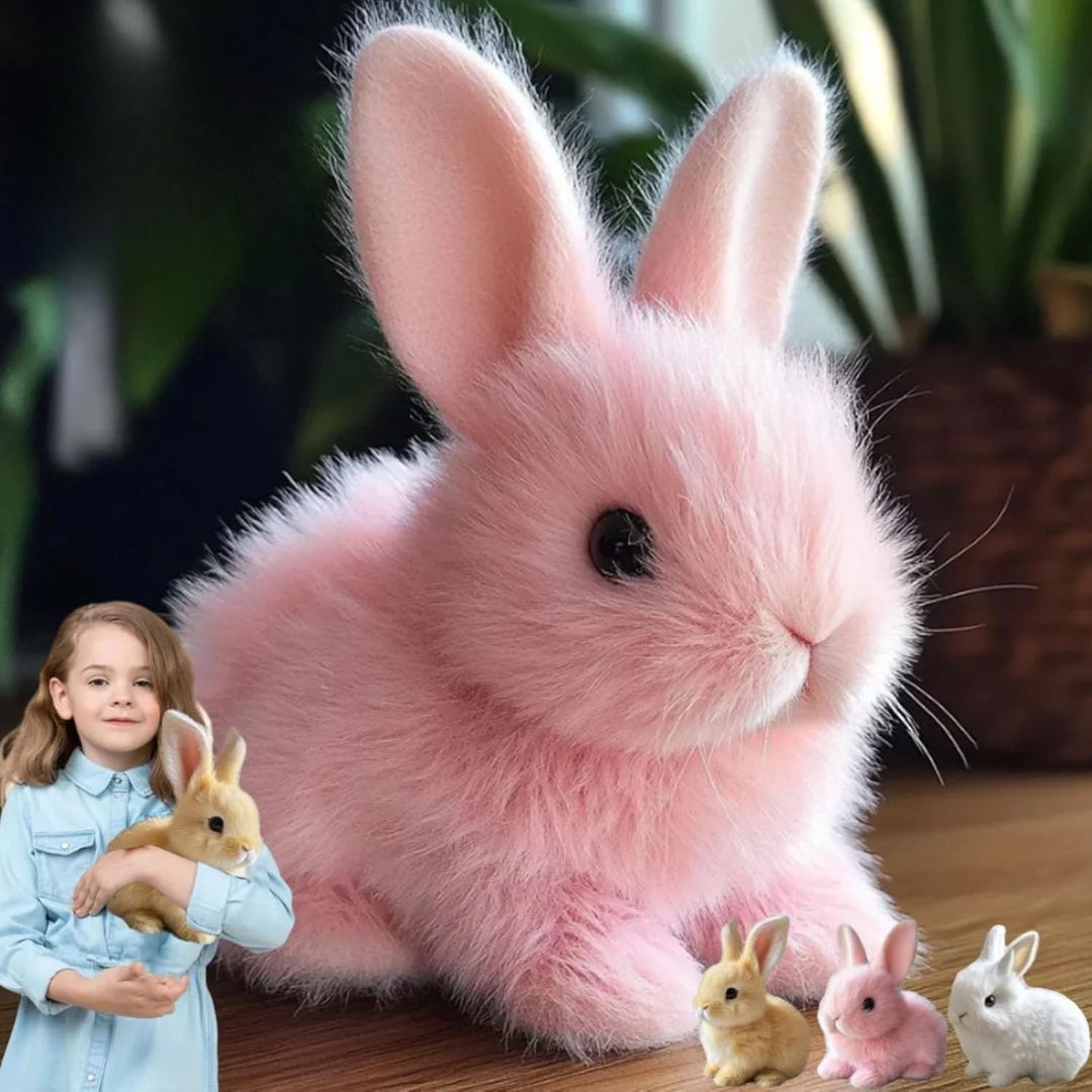 Realistic plush bunny toy with lifelike movements, soft pink color, ideal stuffed animal for all ages. 3