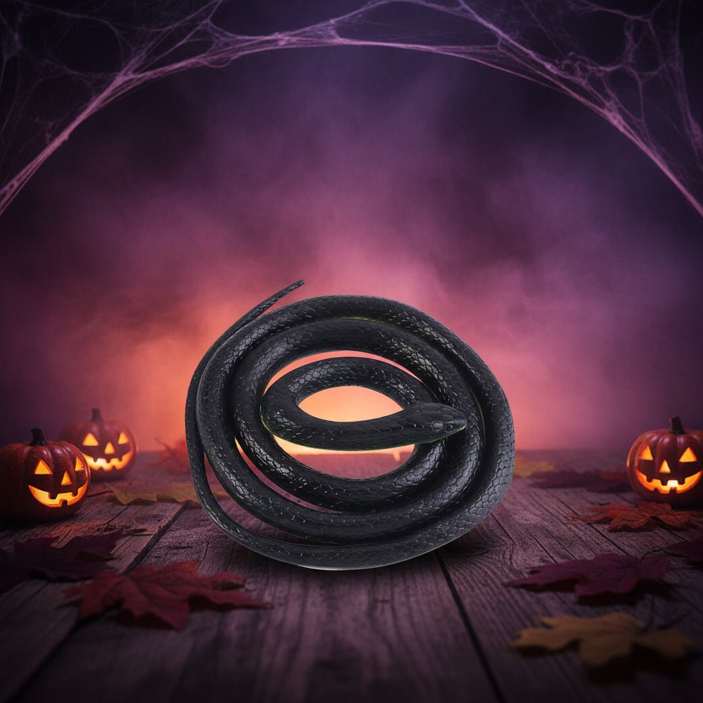 Realistic 130cm soft black rubber snake prop for Halloween decoration, perfect for indoor and outdoor use, ideal for pranks and spooky displays. 0
