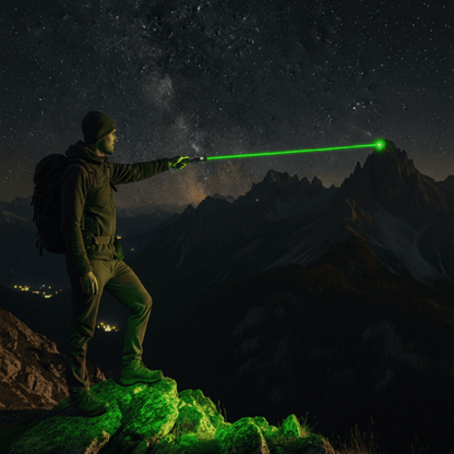 Rechargeable adjustable focus laser pointer in a sleek aluminum design, showcasing long-range capabilities and ergonomic grip for precise pointing. 2