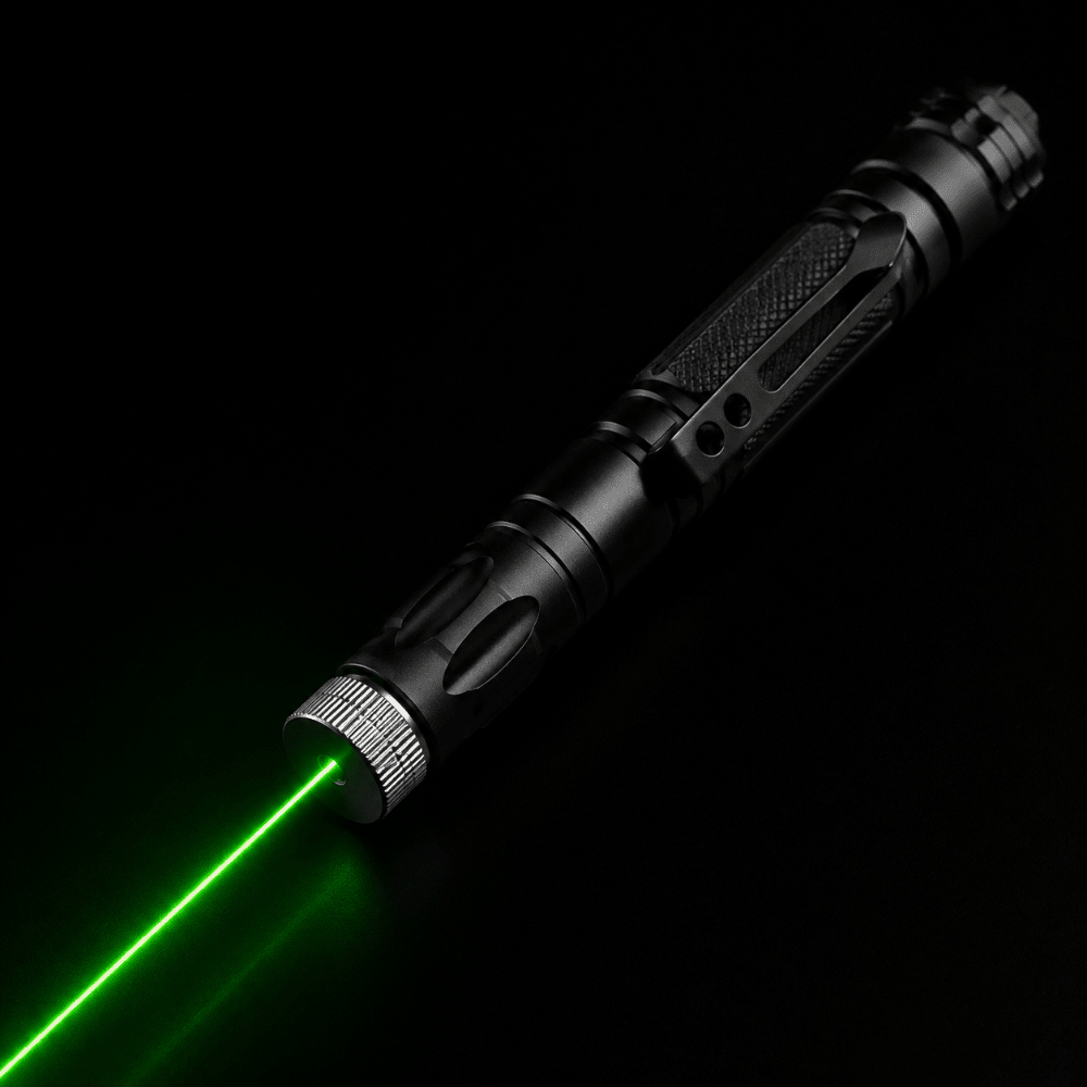 Rechargeable adjustable focus laser pointer in a sleek aluminum design, showcasing long-range capabilities and ergonomic grip for precise pointing. 0