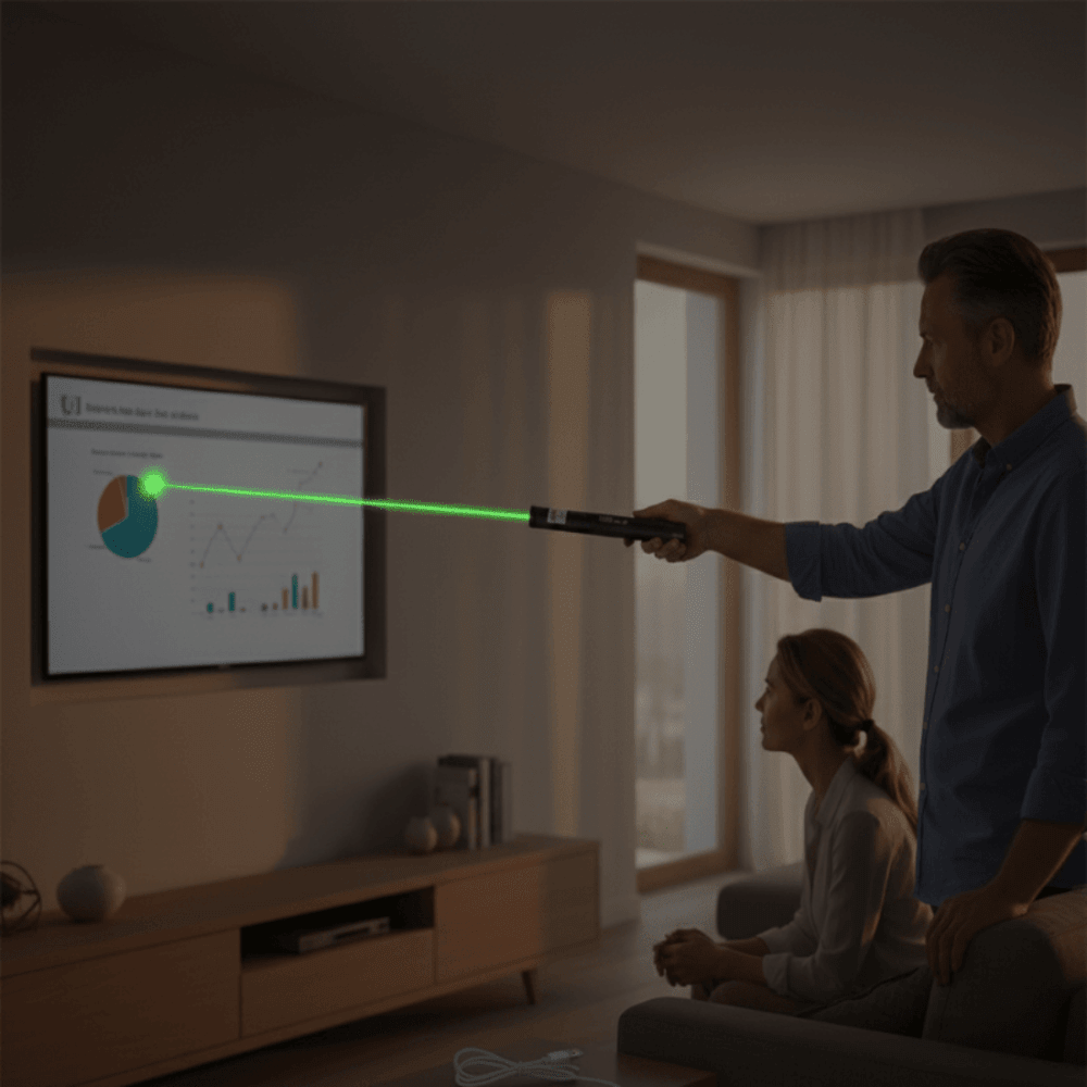 Rechargeable adjustable focus laser pointer in a sleek aluminum design, showcasing long-range capabilities and ergonomic grip for precise pointing. 6