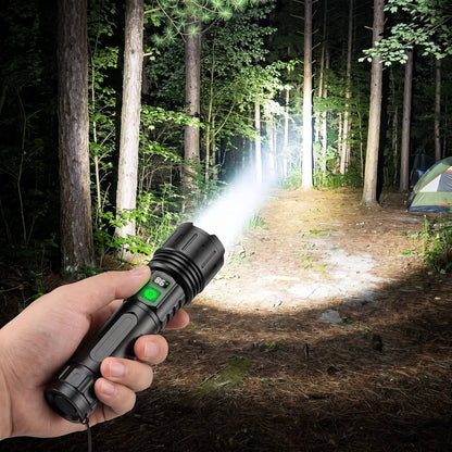 Rechargeable flashlight with 100,000 lumens brightness, featuring a power bank function, designed as a tactical LED torch for outdoor activities. 0