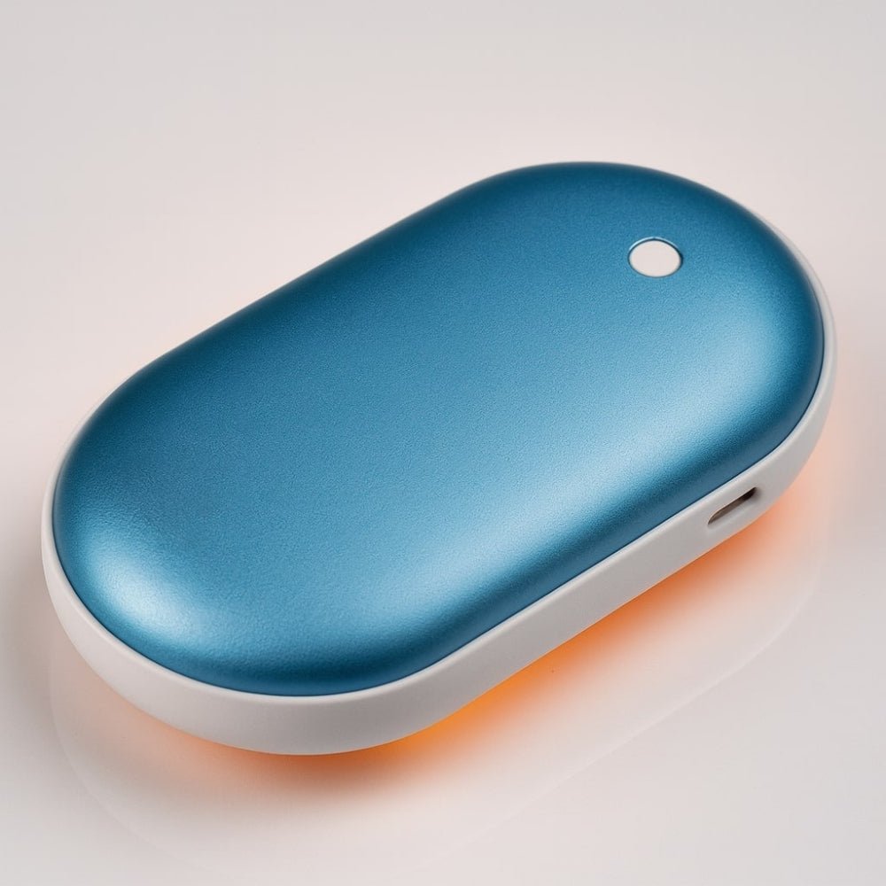 Rechargeable hand warmer with built-in power bank, featuring a portable grip design for easy use and convenience in cold weather. 6