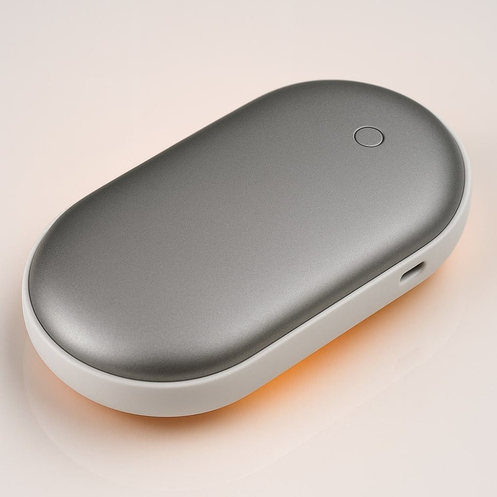 Rechargeable hand warmer with built-in power bank, featuring a portable grip design for easy use and convenience in cold weather. 0
