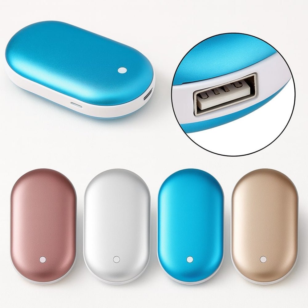 Rechargeable hand warmer with built-in power bank, featuring a portable grip design for easy use and convenience in cold weather. 7