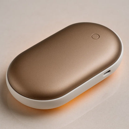 Rechargeable hand warmer with built-in power bank, featuring a portable grip design for easy use and convenience in cold weather. 2