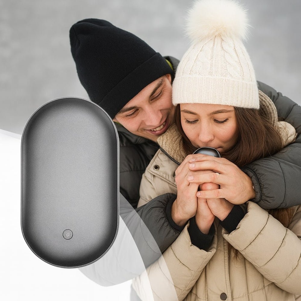 Rechargeable hand warmer with built-in power bank, featuring a portable grip design for easy use and convenience in cold weather. 1
