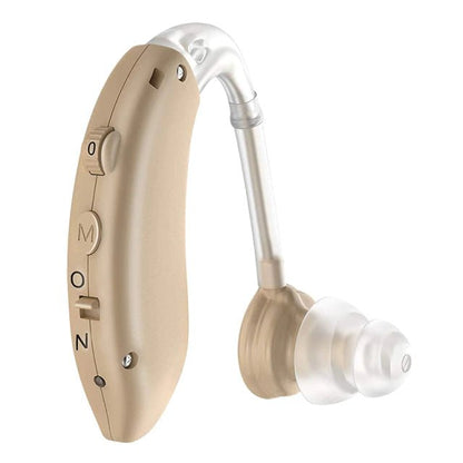 Rechargeable hearing aids featuring dual noise cancellation technology and adjustable fit with comfortable silicone eartips for enhanced listening experience. 4