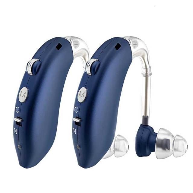 Rechargeable hearing aids featuring dual noise cancellation technology and adjustable fit with comfortable silicone eartips for enhanced listening experience. 3