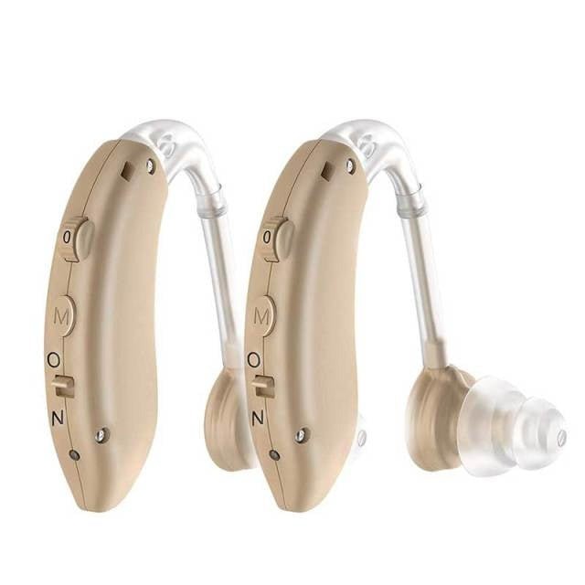 Rechargeable hearing aids featuring dual noise cancellation technology and adjustable fit with comfortable silicone eartips for enhanced listening experience. 2