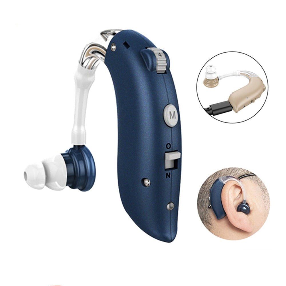 Rechargeable hearing aids featuring dual noise cancellation technology and adjustable fit with comfortable silicone eartips for enhanced listening experience. 1