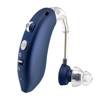Rechargeable hearing aids featuring dual noise cancellation technology and adjustable fit with comfortable silicone eartips for enhanced listening experience. 0