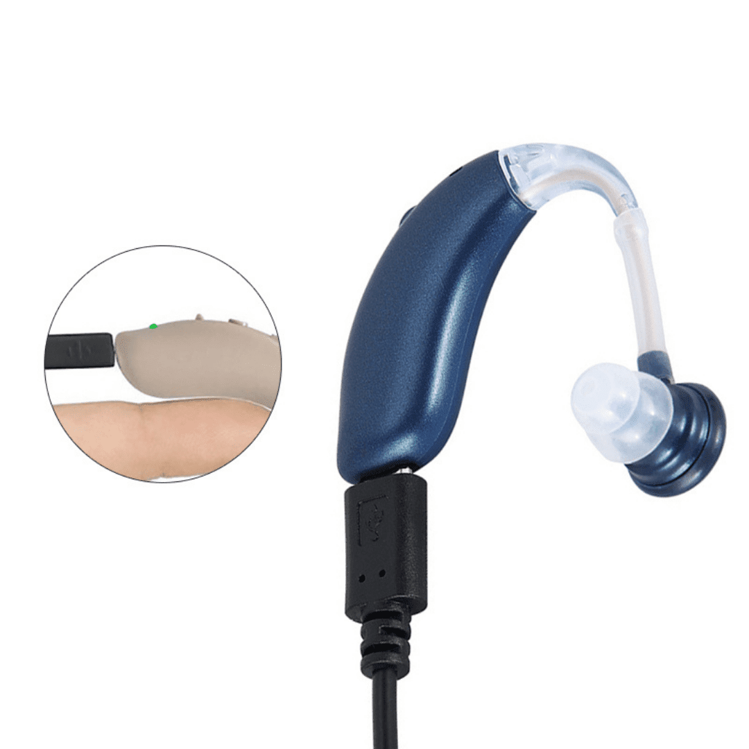 Rechargeable hearing aids featuring dual noise cancellation technology and adjustable fit with comfortable silicone eartips for enhanced listening experience. 5