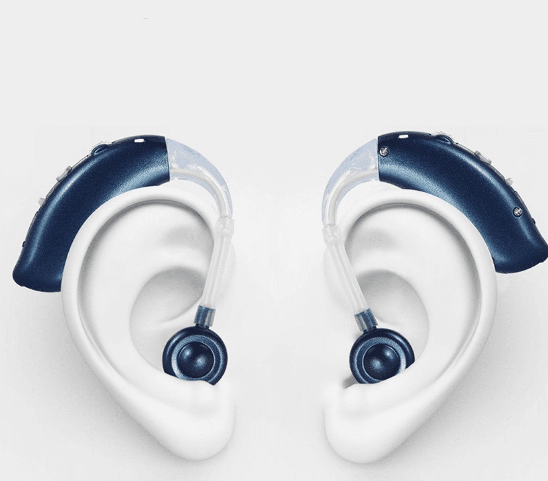 Rechargeable hearing aids featuring dual noise cancellation technology and adjustable fit with comfortable silicone eartips for enhanced listening experience. 6
