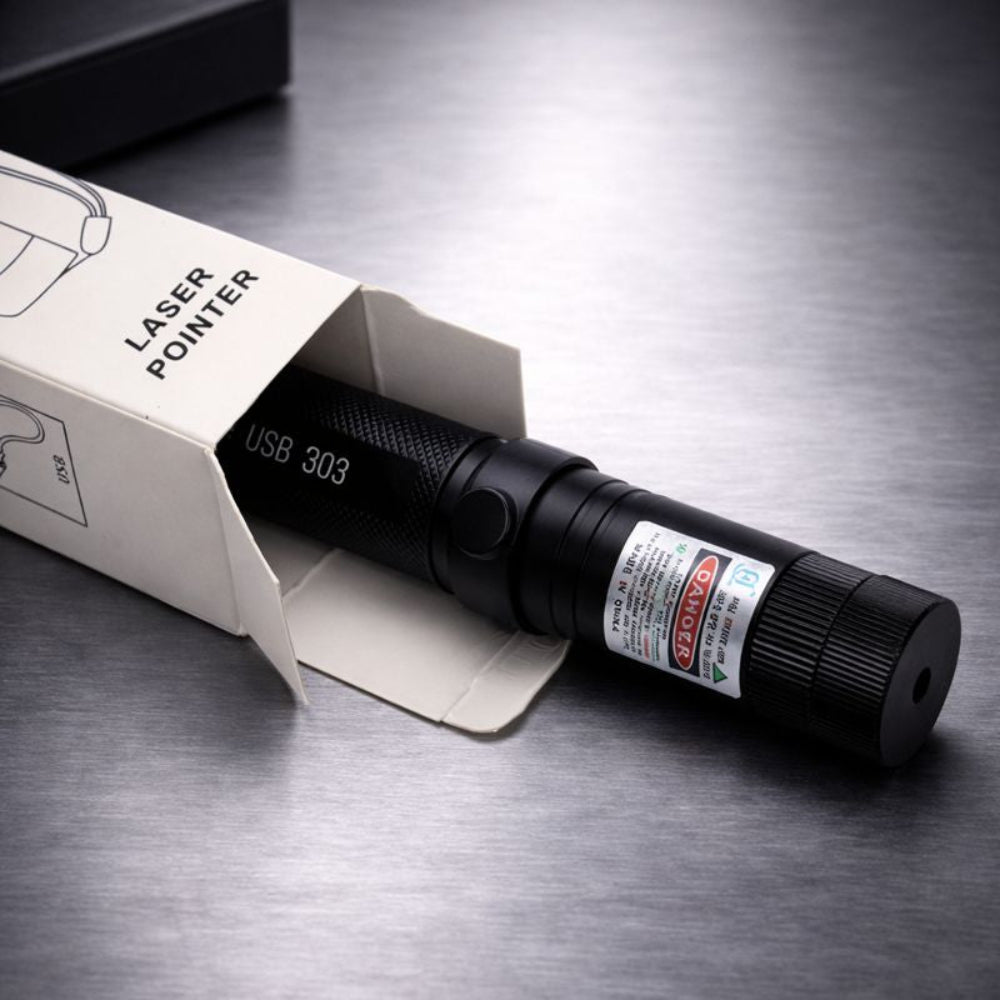 Rechargeable laser pointer featuring adjustable focus and a safety lock, designed for long-range use, with USB charging capability. 1