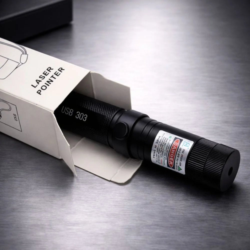 Rechargeable laser pointer featuring adjustable focus and a safety lock, designed for long-range use and USB rechargeable for convenience. 1