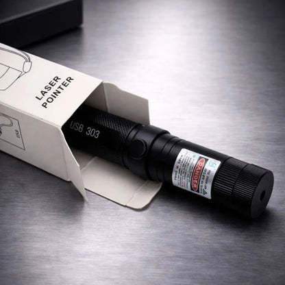 Rechargeable laser pointer featuring adjustable focus and a safety lock, designed for long-range use and USB rechargeable for convenience. 1
