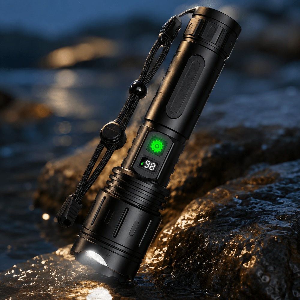 Rechargeable tactical flashlight with 100,000 lumens output, featuring a durable waterproof design and bright LED technology, perfect for outdoor activities and emergency situations 1