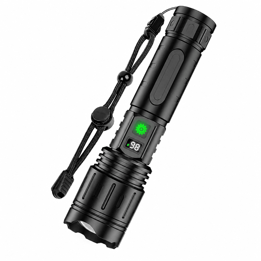 Rechargeable tactical flashlight with 100,000 lumens output, featuring a durable waterproof design and bright LED technology, perfect for outdoor activities and emergency situations 5