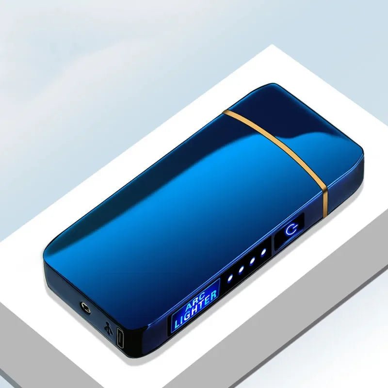 Rechargeable USB plasma lighter featuring a windproof dual arc flame and touch sensor, designed with a sleek metal finish for modern convenience. 13