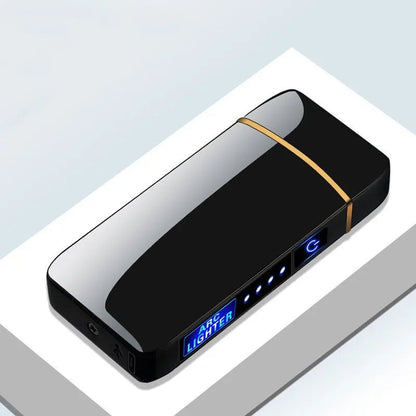 Rechargeable USB plasma lighter featuring a windproof dual arc flame and touch sensor, designed with a sleek metal finish for modern convenience. 1