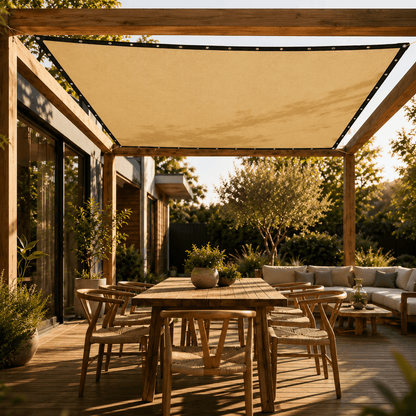 Rectangular sunshade awning made of durable HDPE fabric, designed for outdoor use, featuring a sunlight reduction panel with reinforced edges to enhance durability and 1