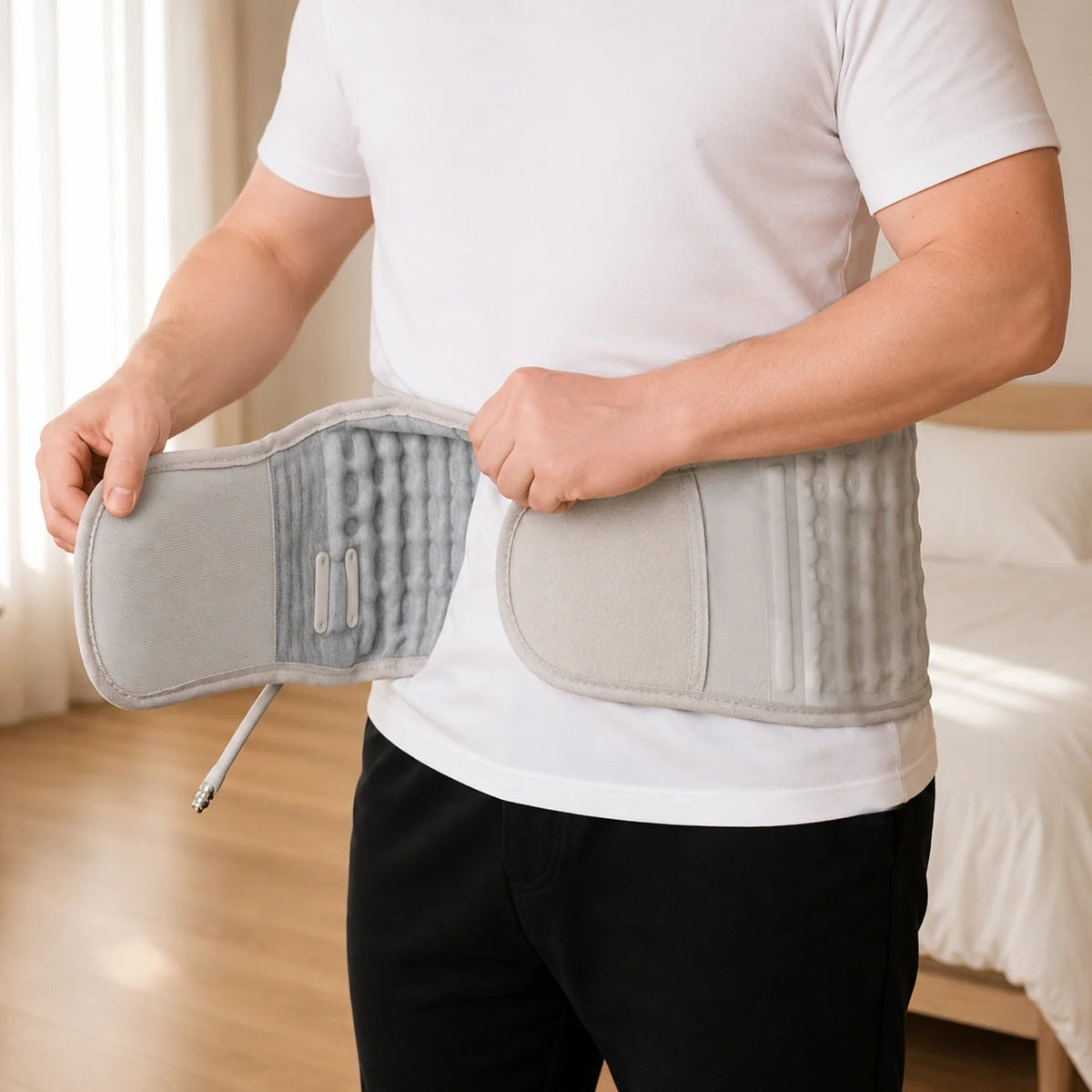 Red Light Therapy Lumbar Belt featuring adjustable heat and compression, designed for lower back support with a durable neoprene material. 1