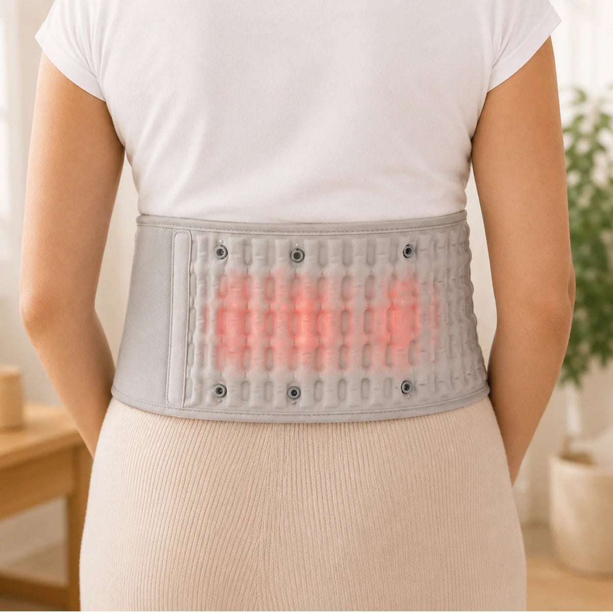Red Light Therapy Lumbar Belt featuring adjustable heat and compression, designed for lower back support with a durable neoprene material. 3
