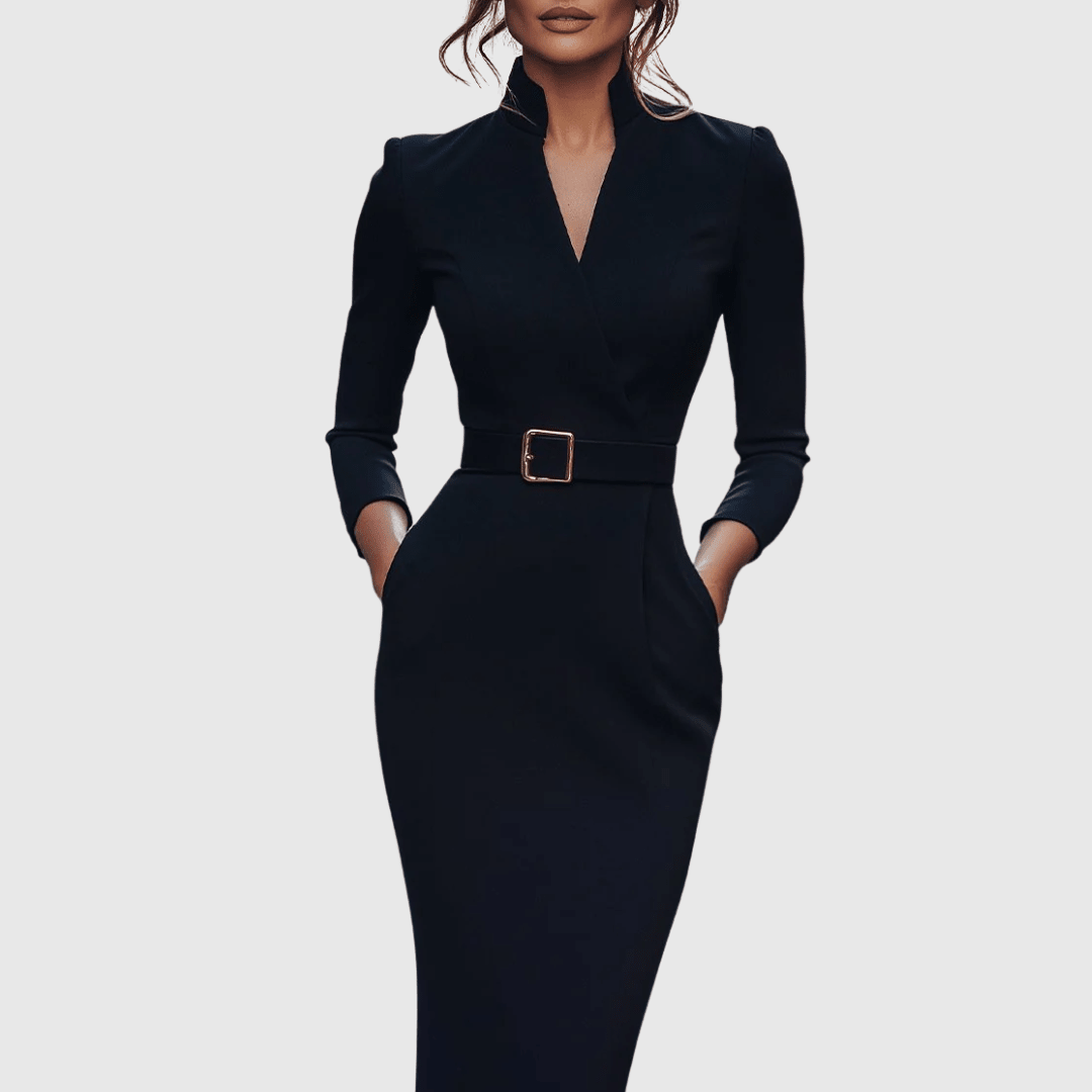 Refined midi dress featuring a mock wrap neckline and a belted waist, perfect for elegant occasions and versatile styling. 1