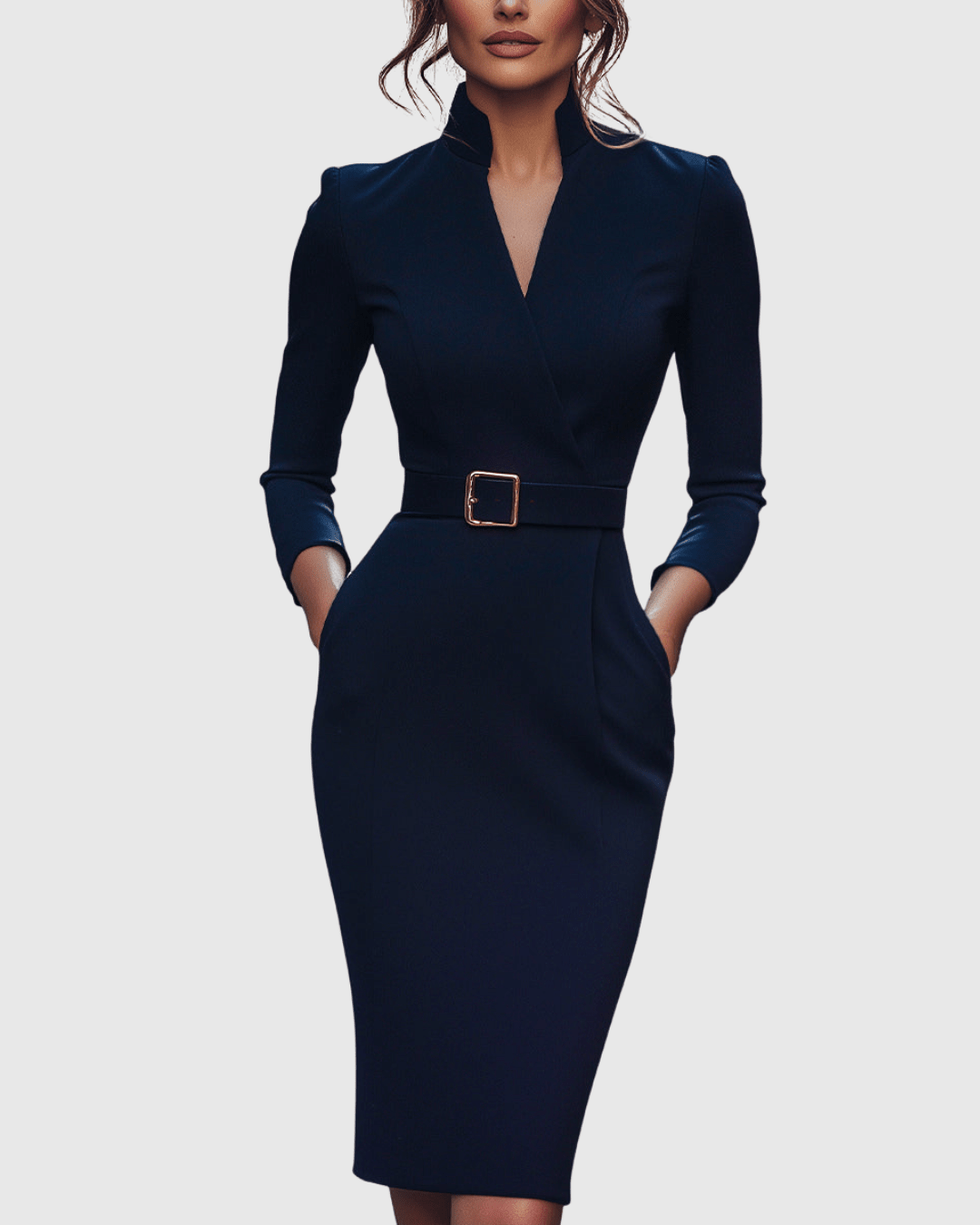 Refined midi dress featuring a mock wrap neckline and a belted waist, perfect for elegant occasions and versatile styling. 7