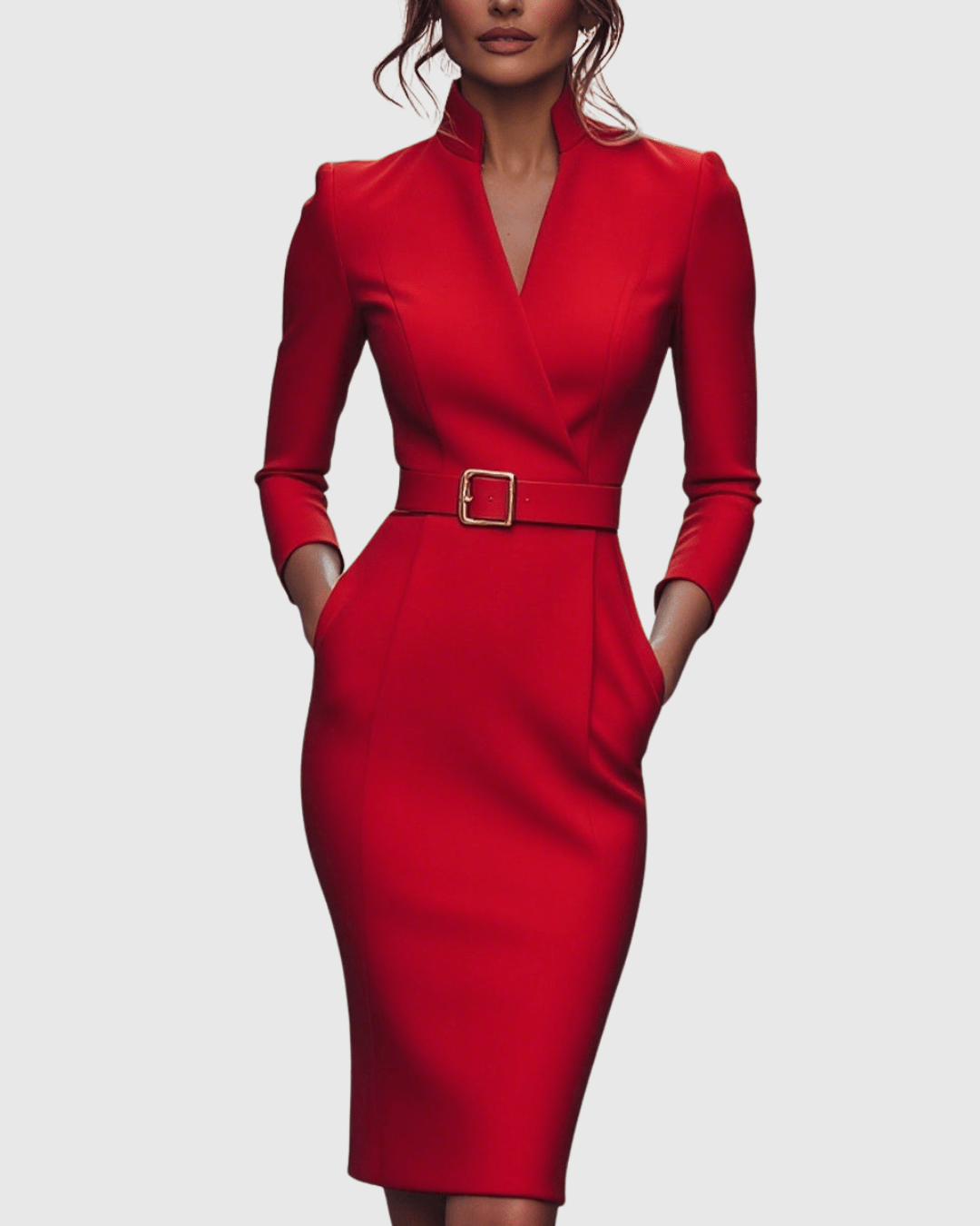 Refined midi dress featuring a mock wrap neckline and a belted waist, perfect for elegant occasions and versatile styling. 10