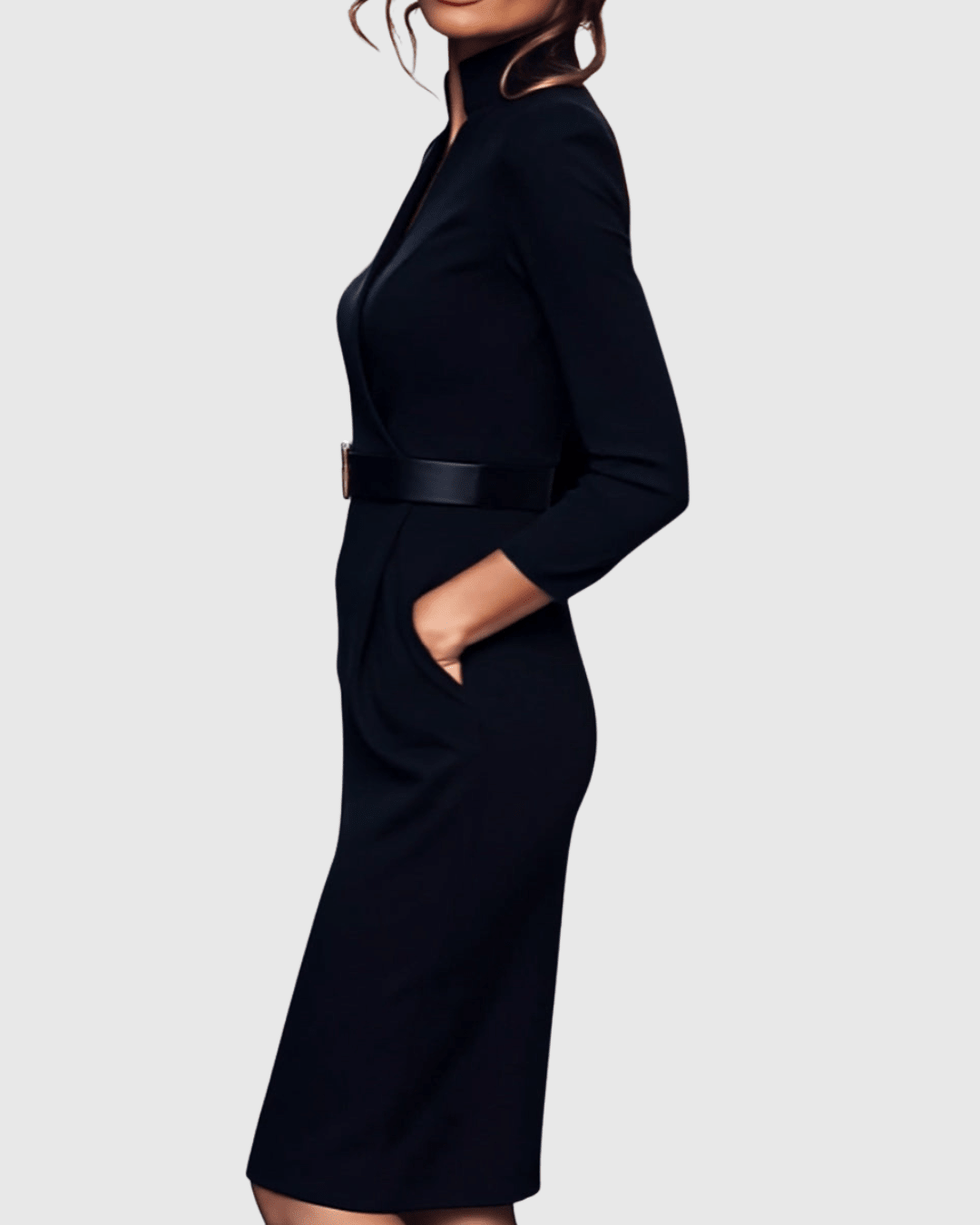 Refined midi dress featuring a mock wrap neckline and a belted waist, perfect for elegant occasions and versatile styling. 4