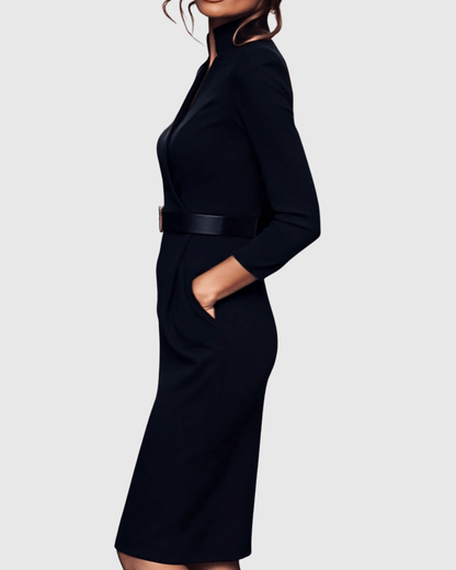 Refined midi dress featuring a mock wrap neckline and a belted waist, perfect for elegant occasions and versatile styling. 4