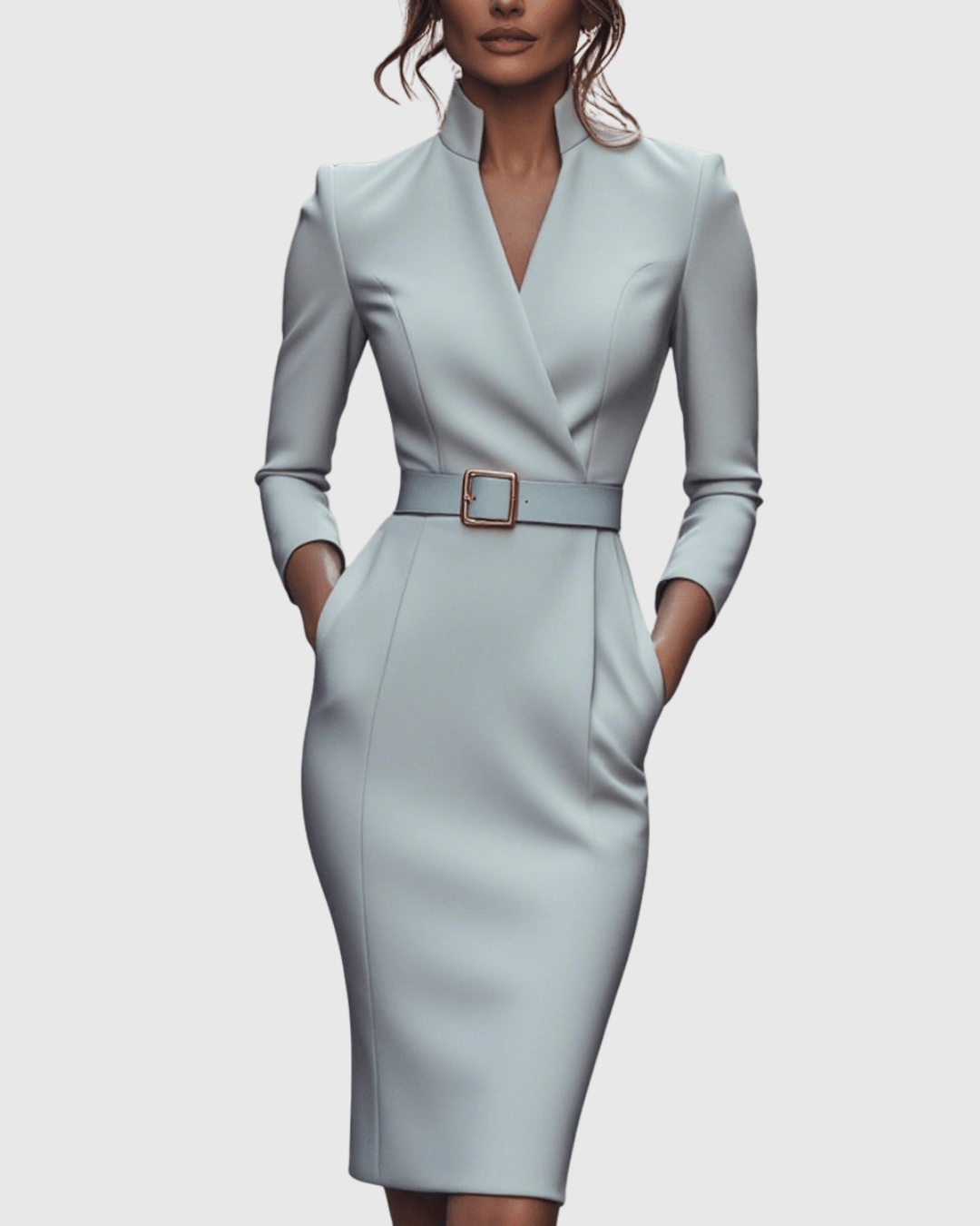 Refined midi dress featuring a mock wrap neckline and a belted waist, perfect for elegant occasions and versatile styling. 12