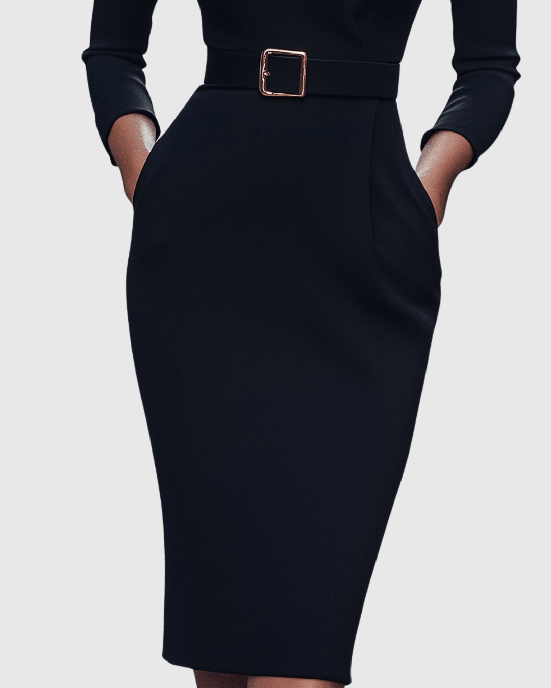 Refined midi dress featuring a mock wrap neckline and a belted waist, perfect for elegant occasions and versatile styling. 3