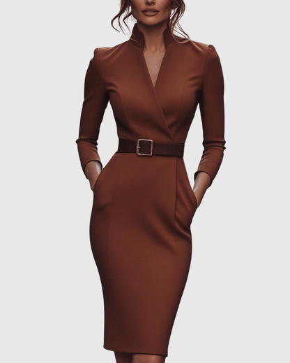 Refined midi dress featuring a mock wrap neckline and a belted waist, perfect for elegant occasions and versatile styling. 11